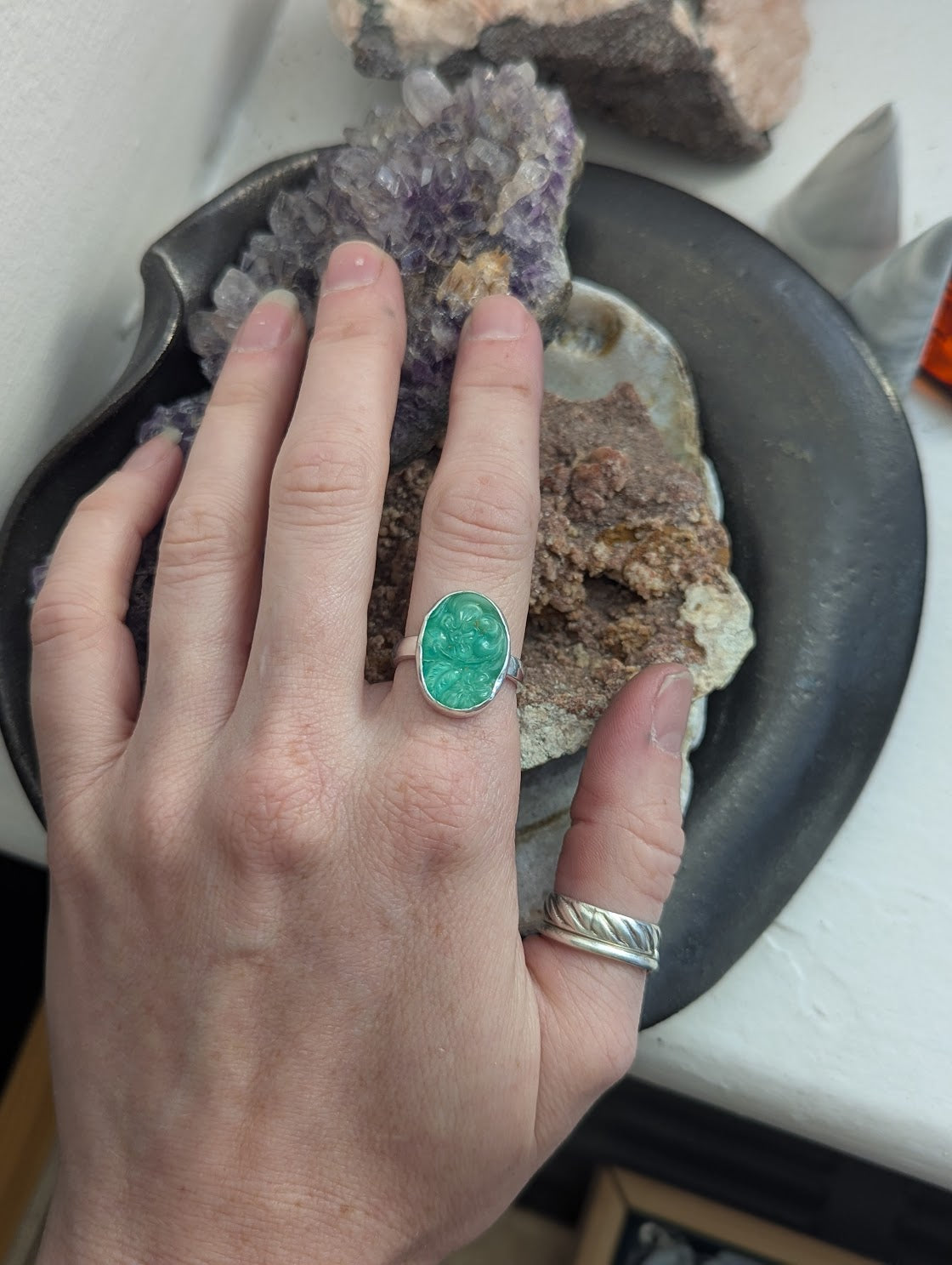 Carved Vintage Art Deco Green Glass Sterling Ring - Size 8