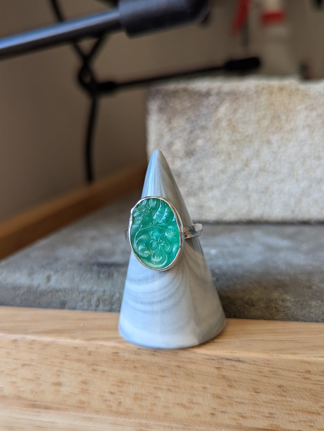 Carved Vintage Art Deco Green Glass Sterling Ring - Size 8