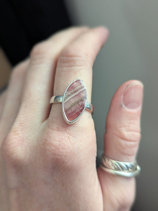 Rhodocrosite Marquise Cut Sterling Silver Ring - Size 9
