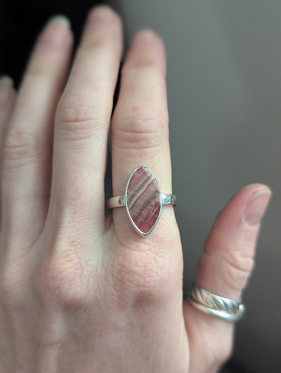 Rhodocrosite Marquise Cut Sterling Silver Ring - Size 9