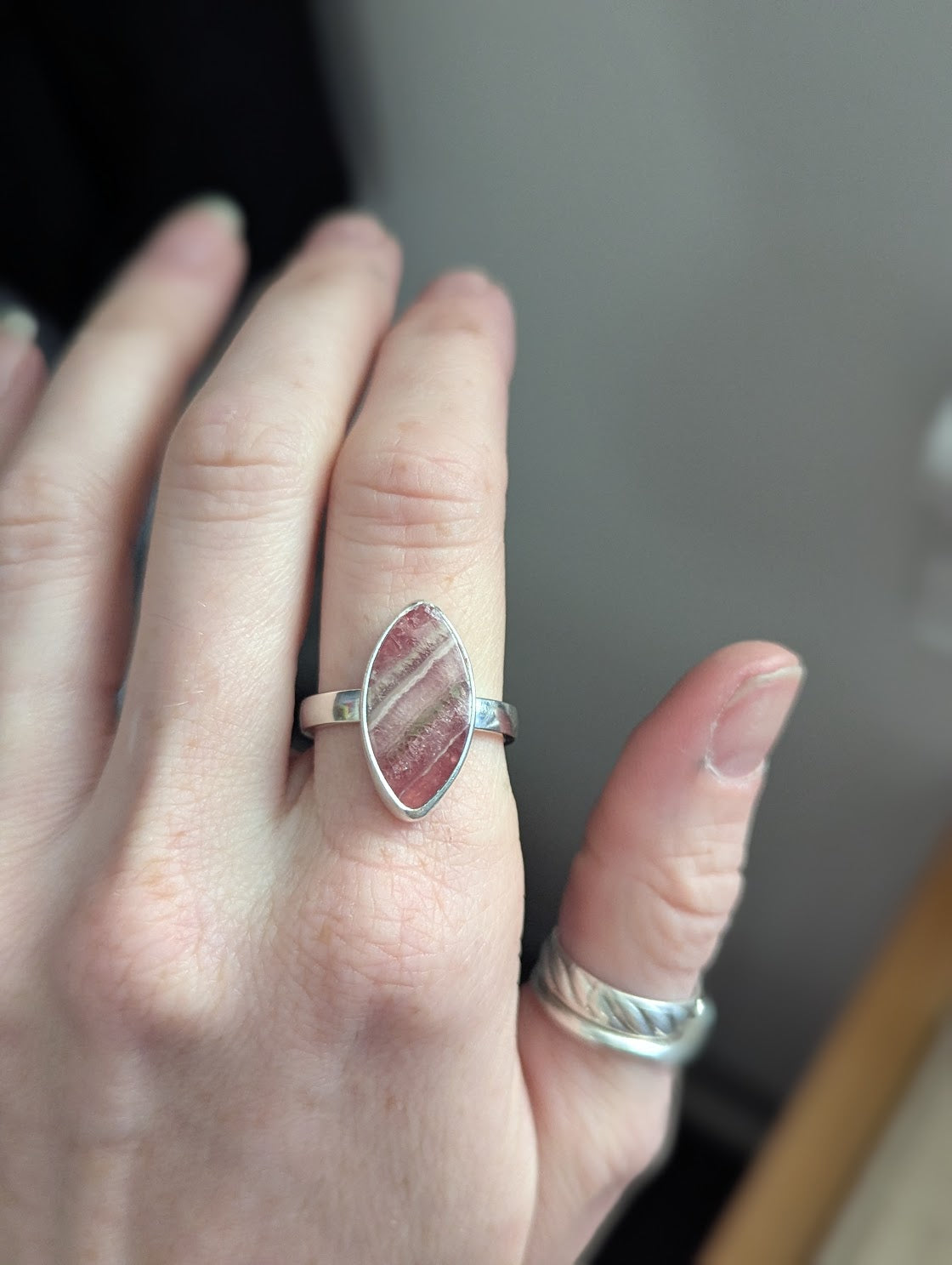 Rhodocrosite Marquise Cut Sterling Silver Ring - Size 9