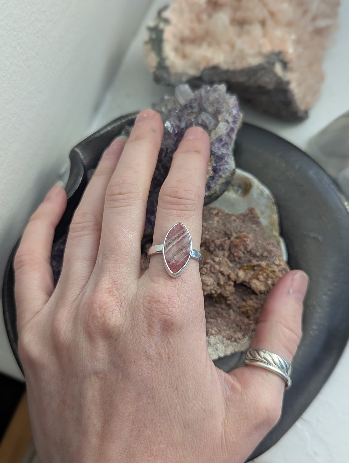 Rhodocrosite Marquise Cut Sterling Silver Ring - Size 9