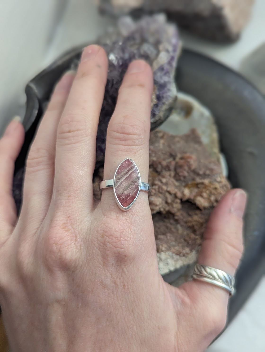 Rhodocrosite Marquise Cut Sterling Silver Ring - Size 9