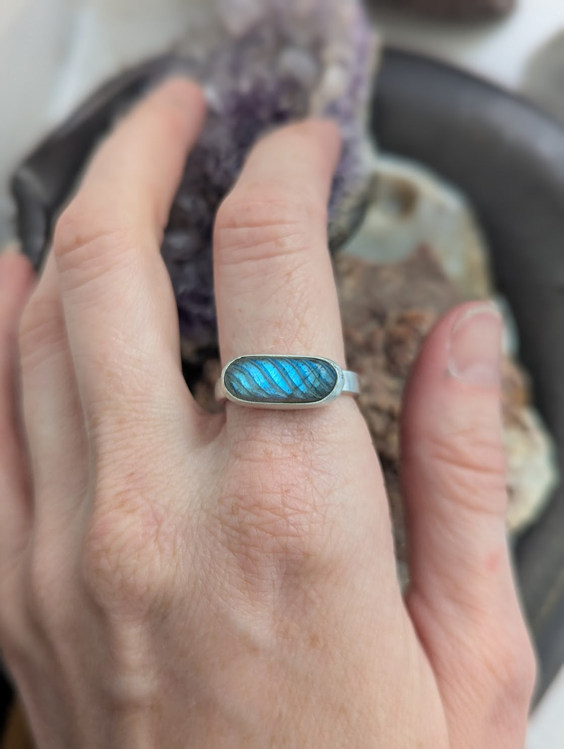 Labradorite Carved Wavy Sterling Silver Ring - Size 9