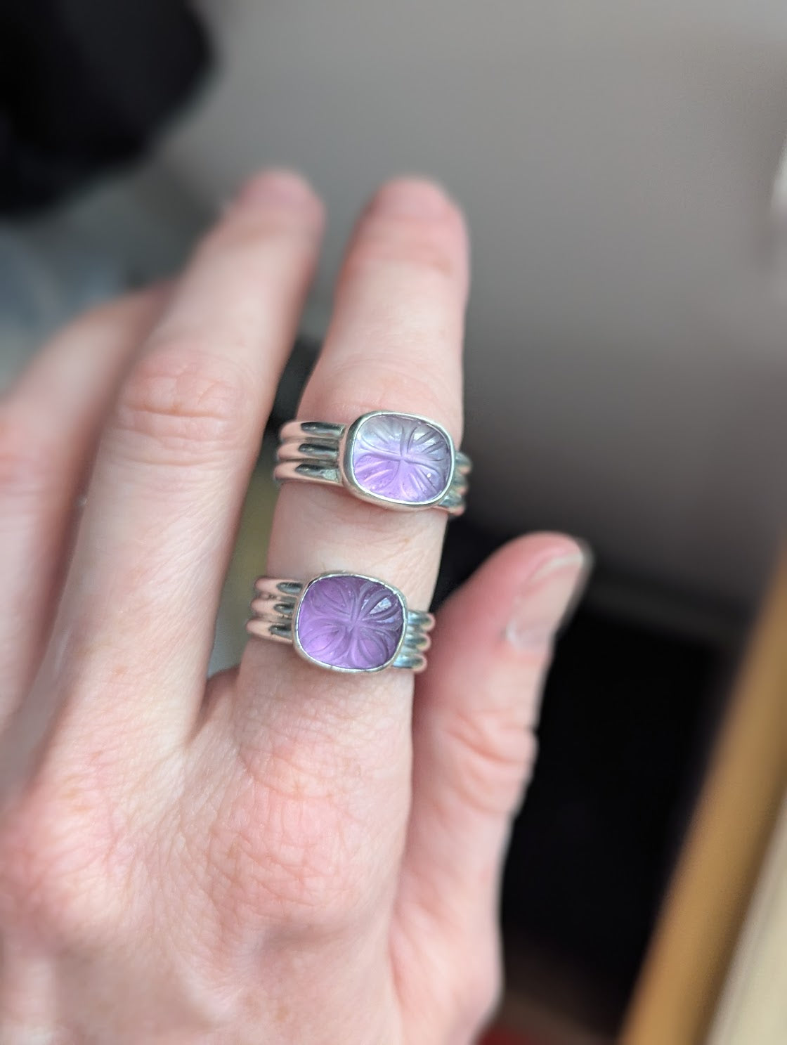 Floral Cared Amethyst Sterling Silver Ring - Size 7 & 8.5