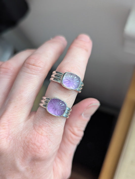 Floral Cared Amethyst Sterling Silver Ring - Size 7 & 8.5