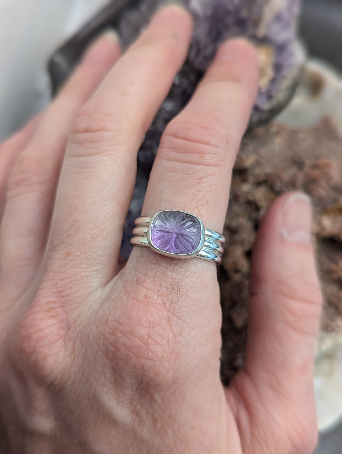Floral Cared Amethyst Sterling Silver Ring - Size 7 & 8.5