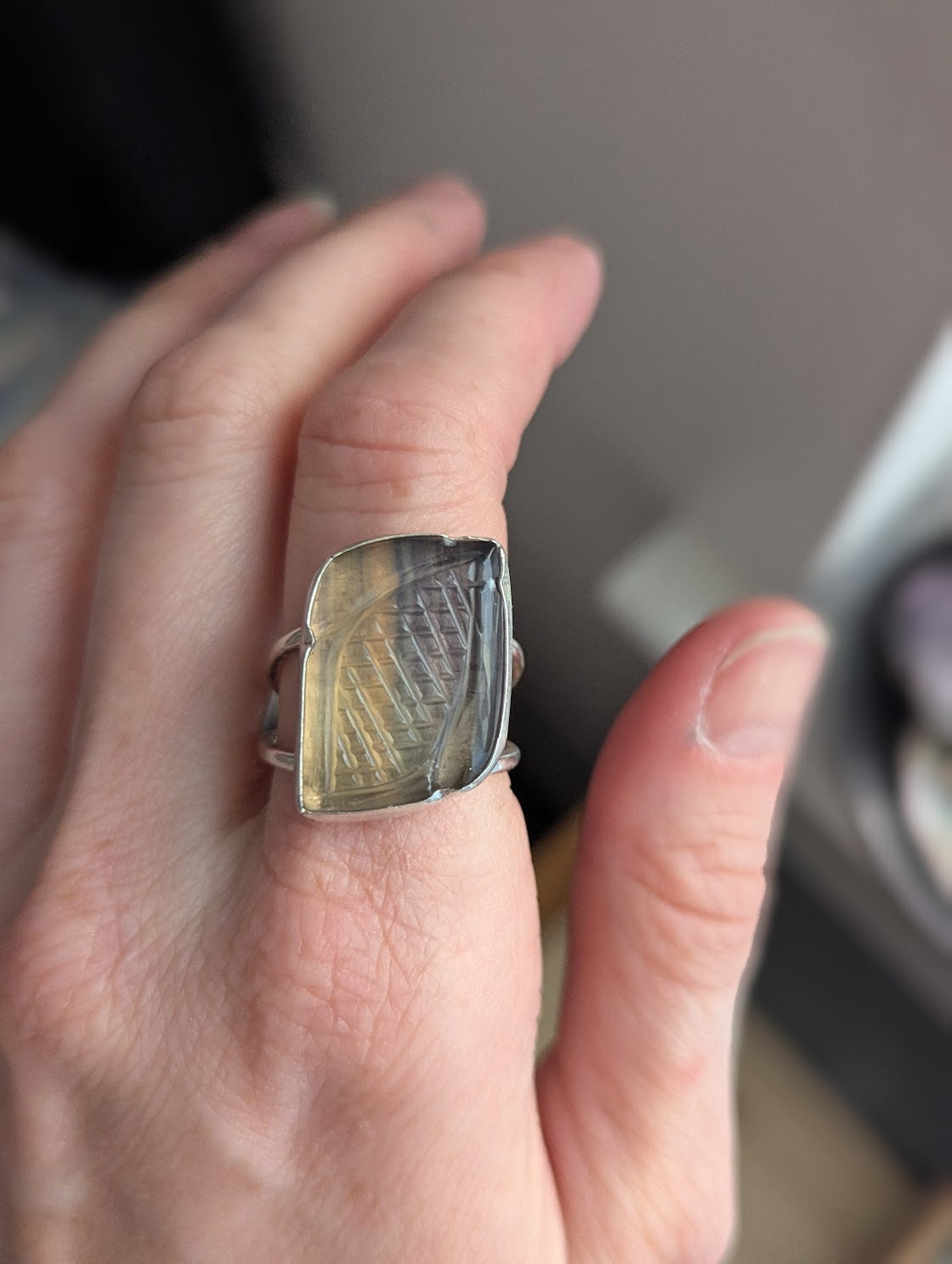 Carved Rainbow Fluorite Wavy Sterling Silver Ring - Size 9