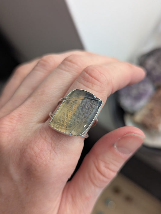 Carved Rainbow Fluorite Wavy Sterling Silver Ring - Size 9