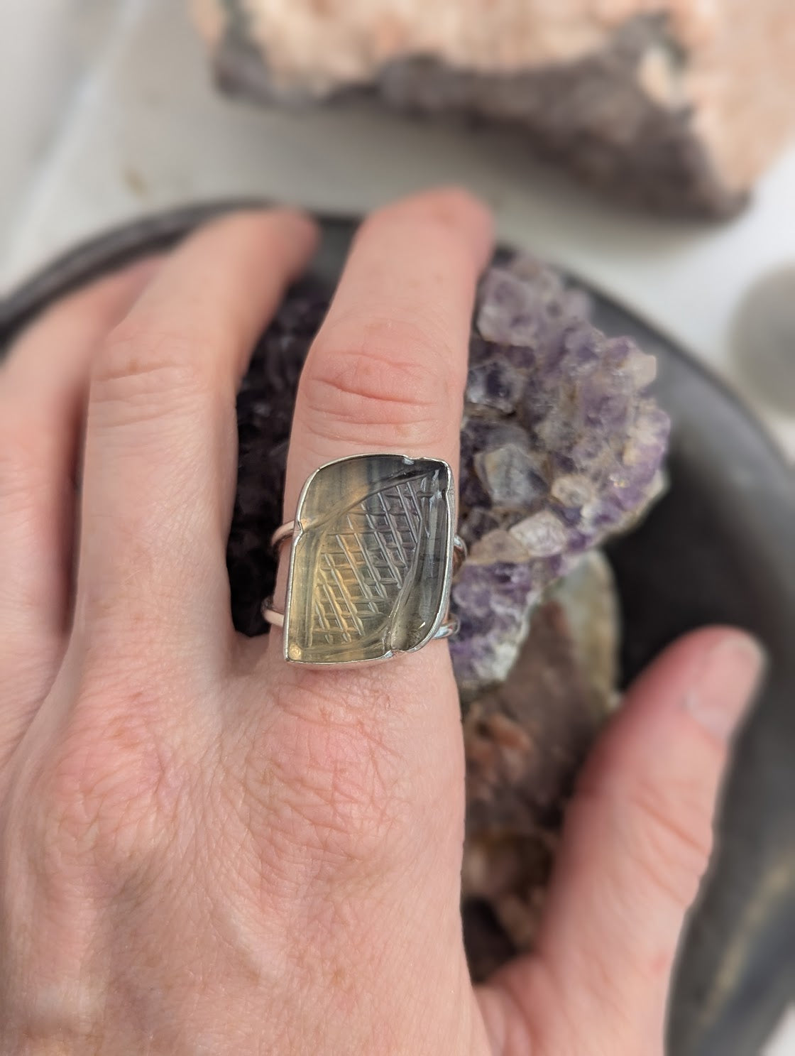 Carved Rainbow Fluorite Wavy Sterling Silver Ring - Size 9