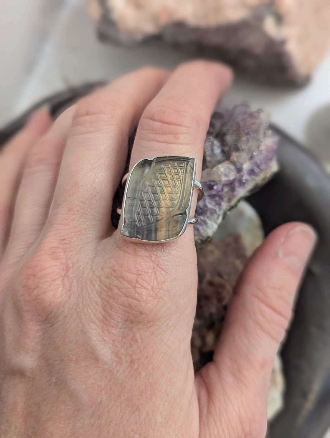 Carved Rainbow Fluorite Wavy Sterling Silver Ring - Size 9