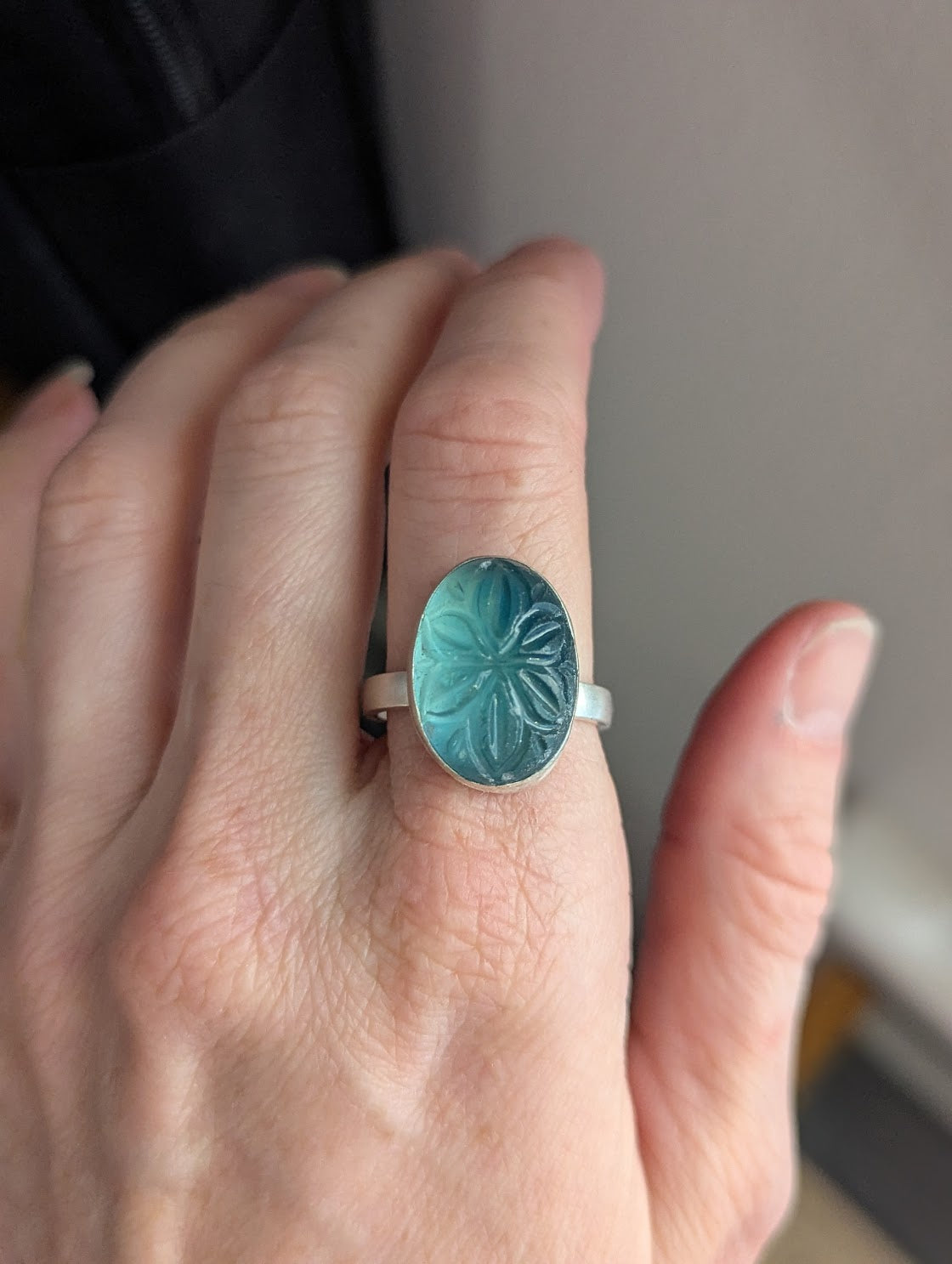 Carved Flower Blue-Green Fluorite Sterling Silver Ring - Size 10