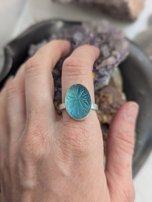 Carved Flower Blue-Green Fluorite Sterling Silver Ring - Size 10