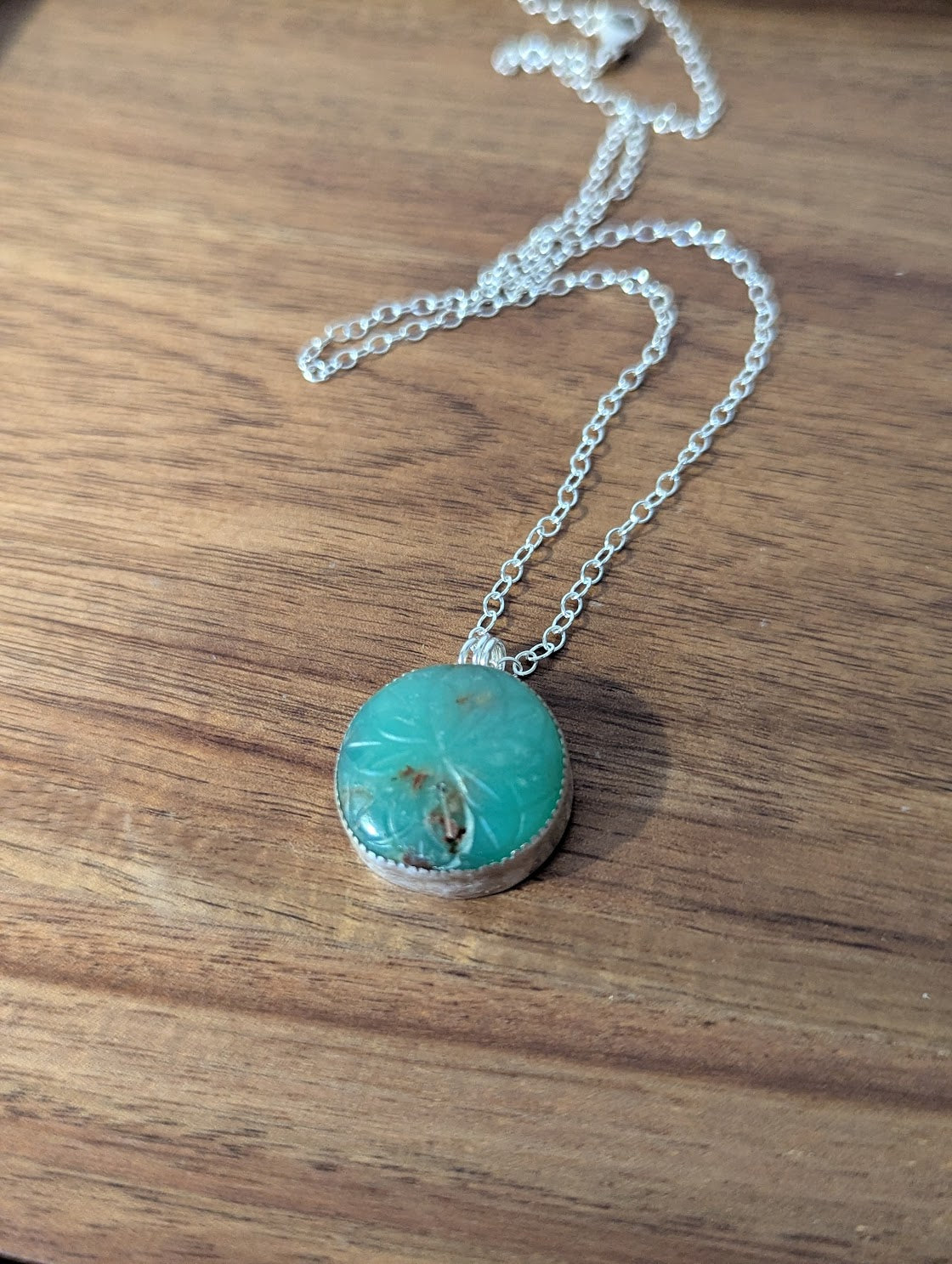 Carved Floral Mandala Chrysoprase Sterling Silver Necklace
