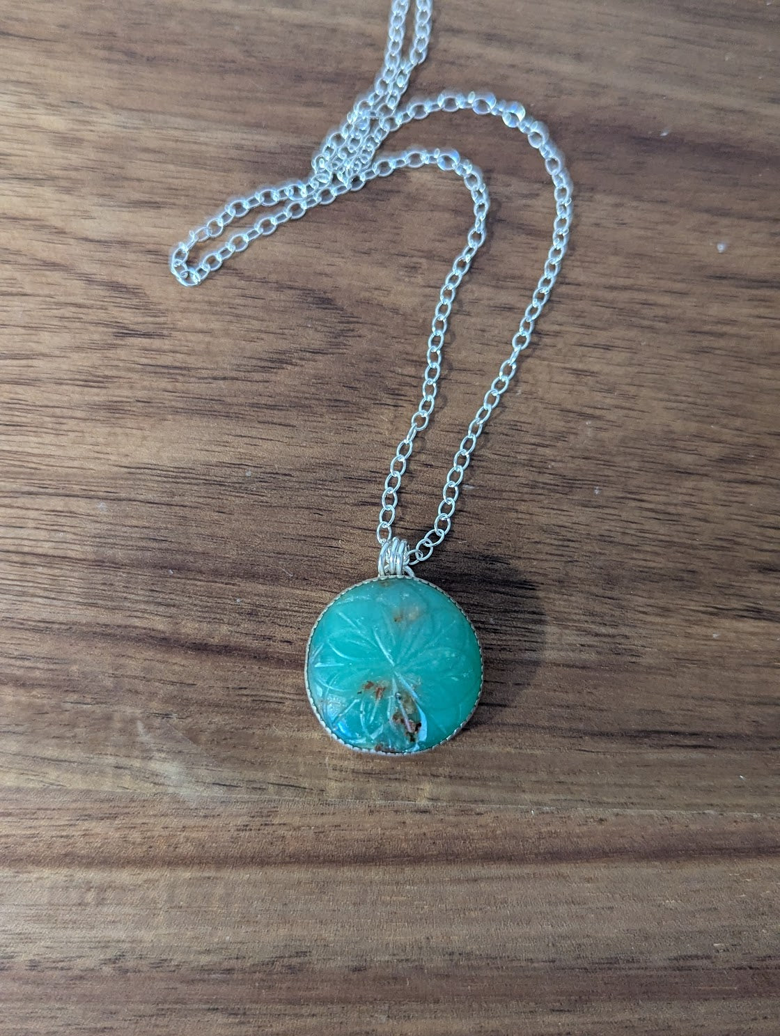 Carved Floral Mandala Chrysoprase Sterling Silver Necklace