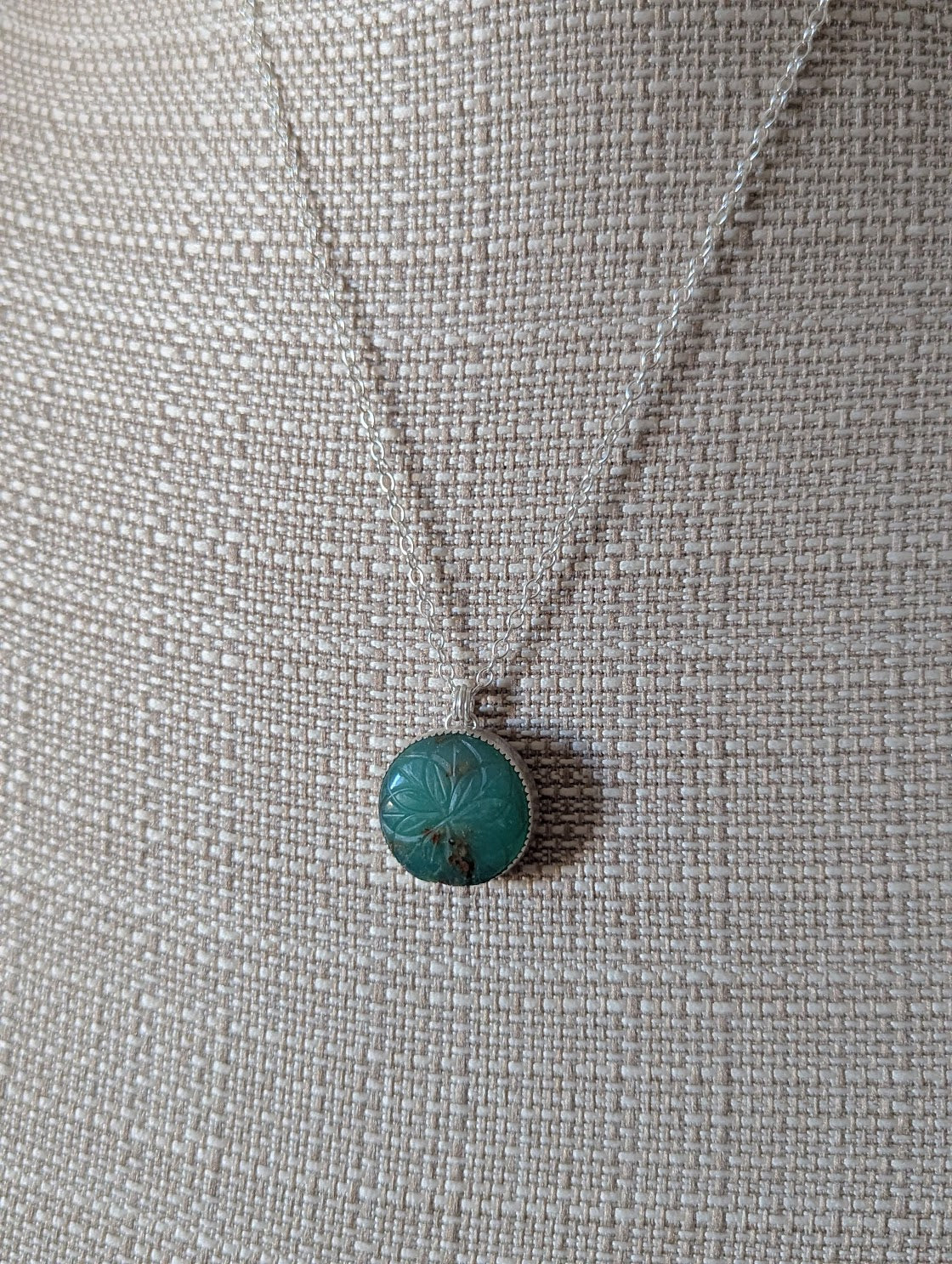 Carved Floral Mandala Chrysoprase Sterling Silver Necklace