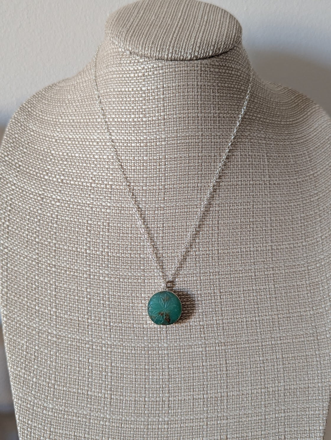 Carved Floral Mandala Chrysoprase Sterling Silver Necklace