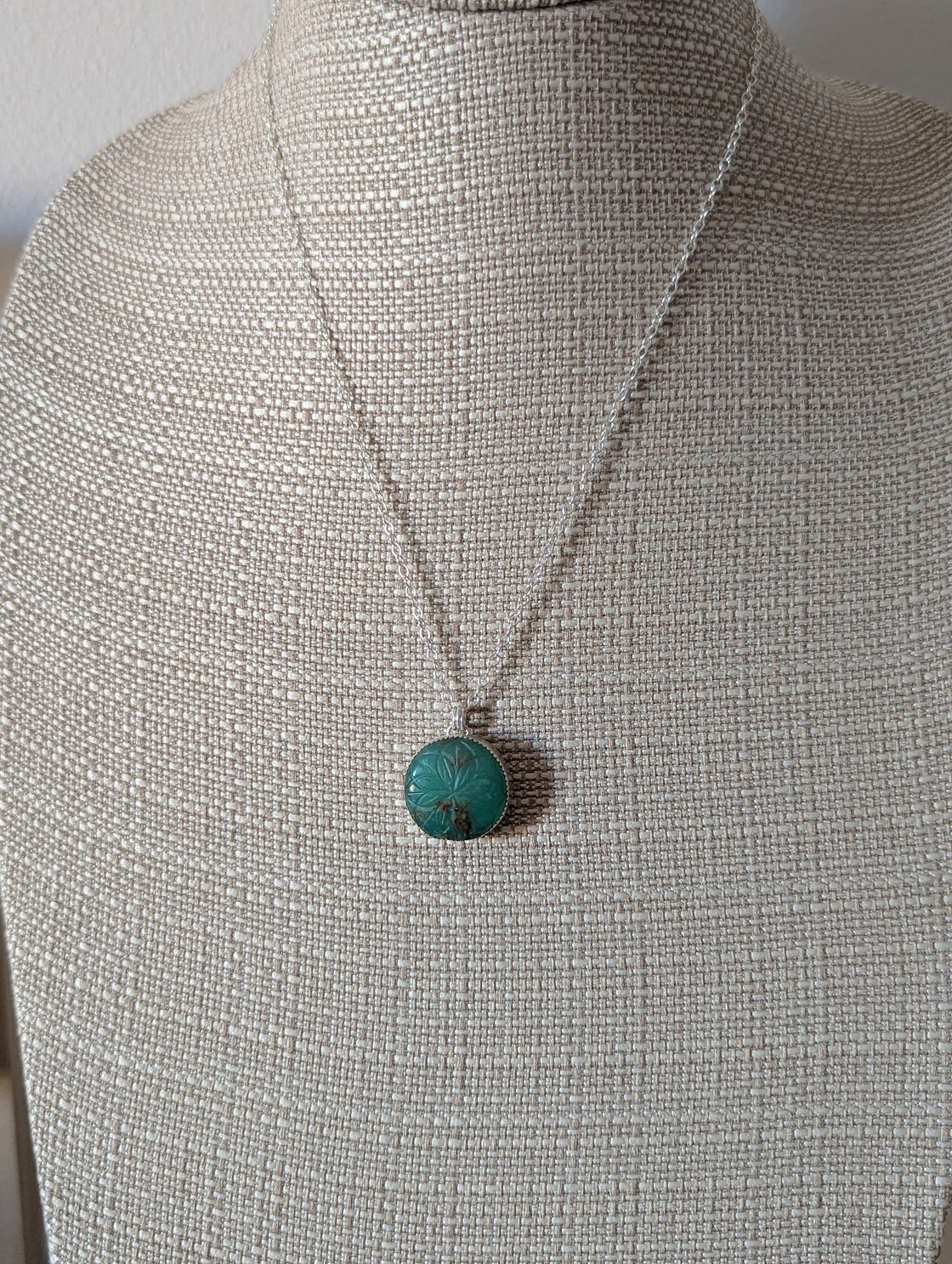 Carved Floral Mandala Chrysoprase Sterling Silver Necklace