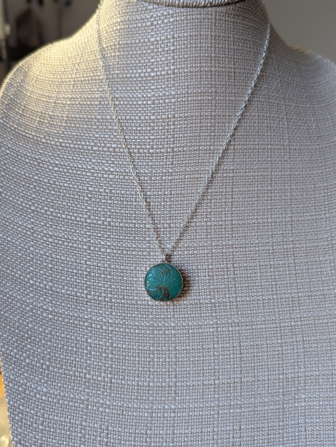 Carved Floral Mandala Chrysoprase Sterling Silver Necklace