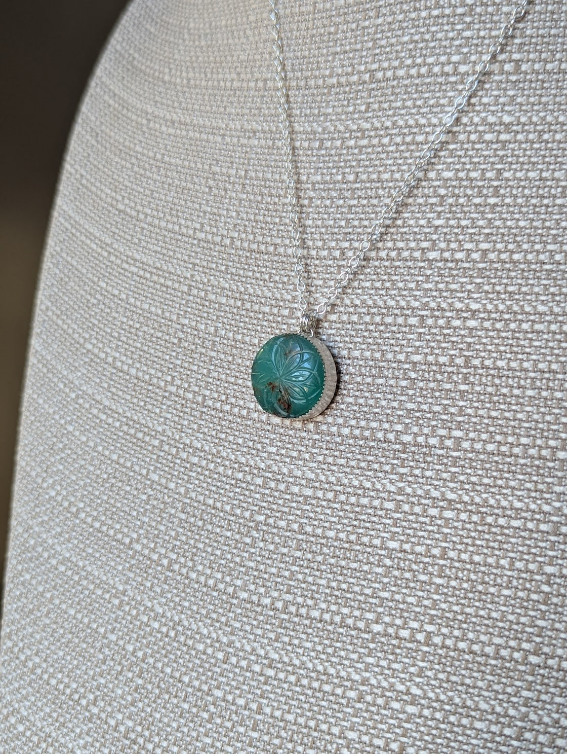 Carved Floral Mandala Chrysoprase Sterling Silver Necklace