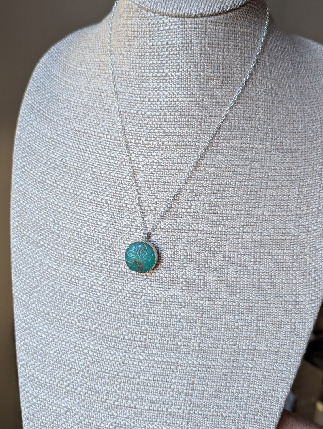 Carved Floral Mandala Chrysoprase Sterling Silver Necklace
