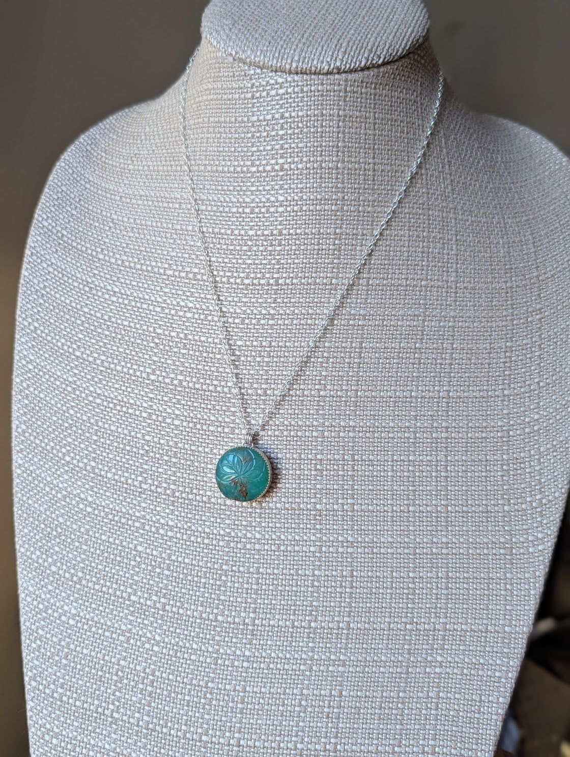 Carved Floral Mandala Chrysoprase Sterling Silver Necklace