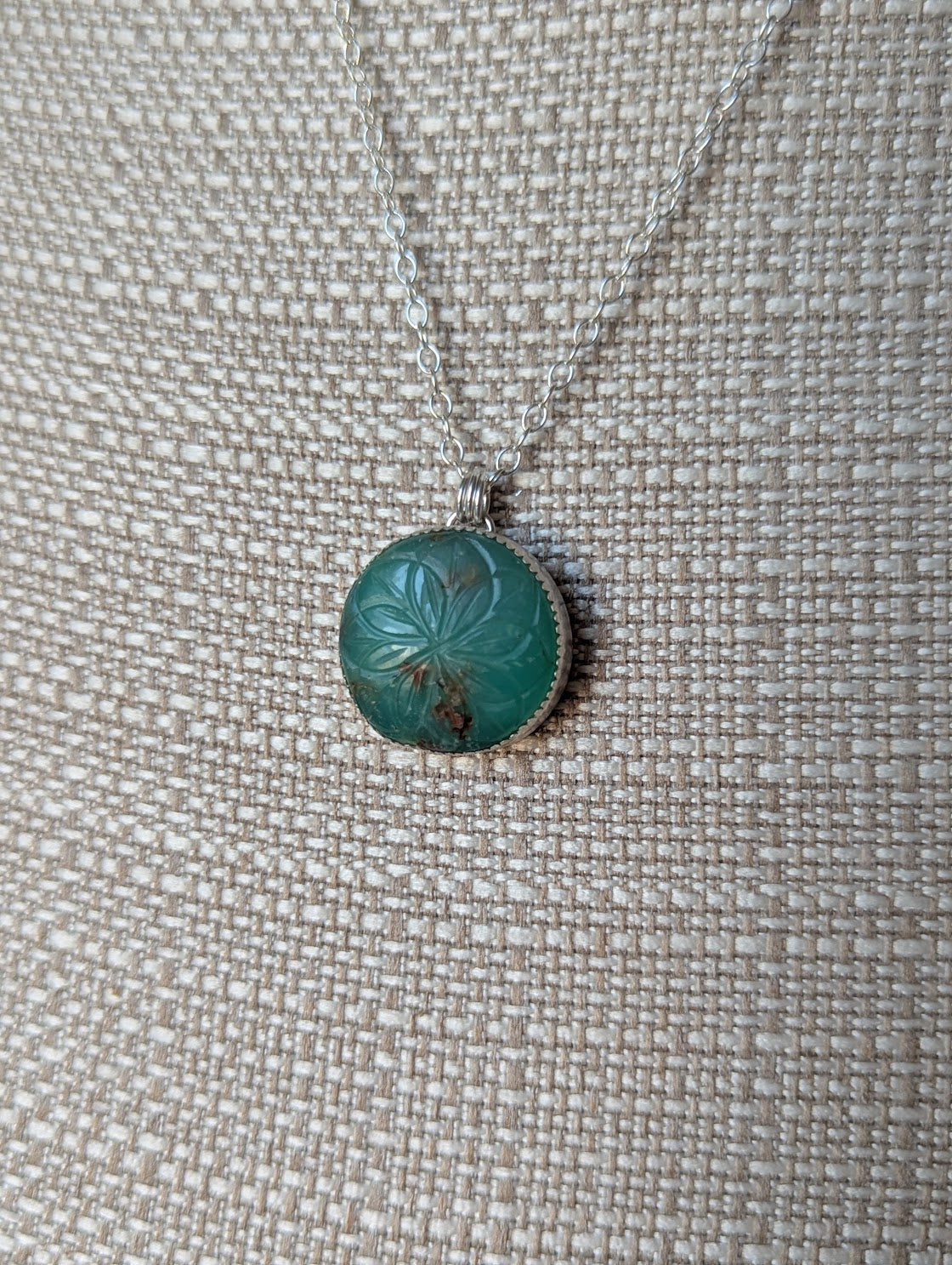 Carved Floral Mandala Chrysoprase Sterling Silver Necklace