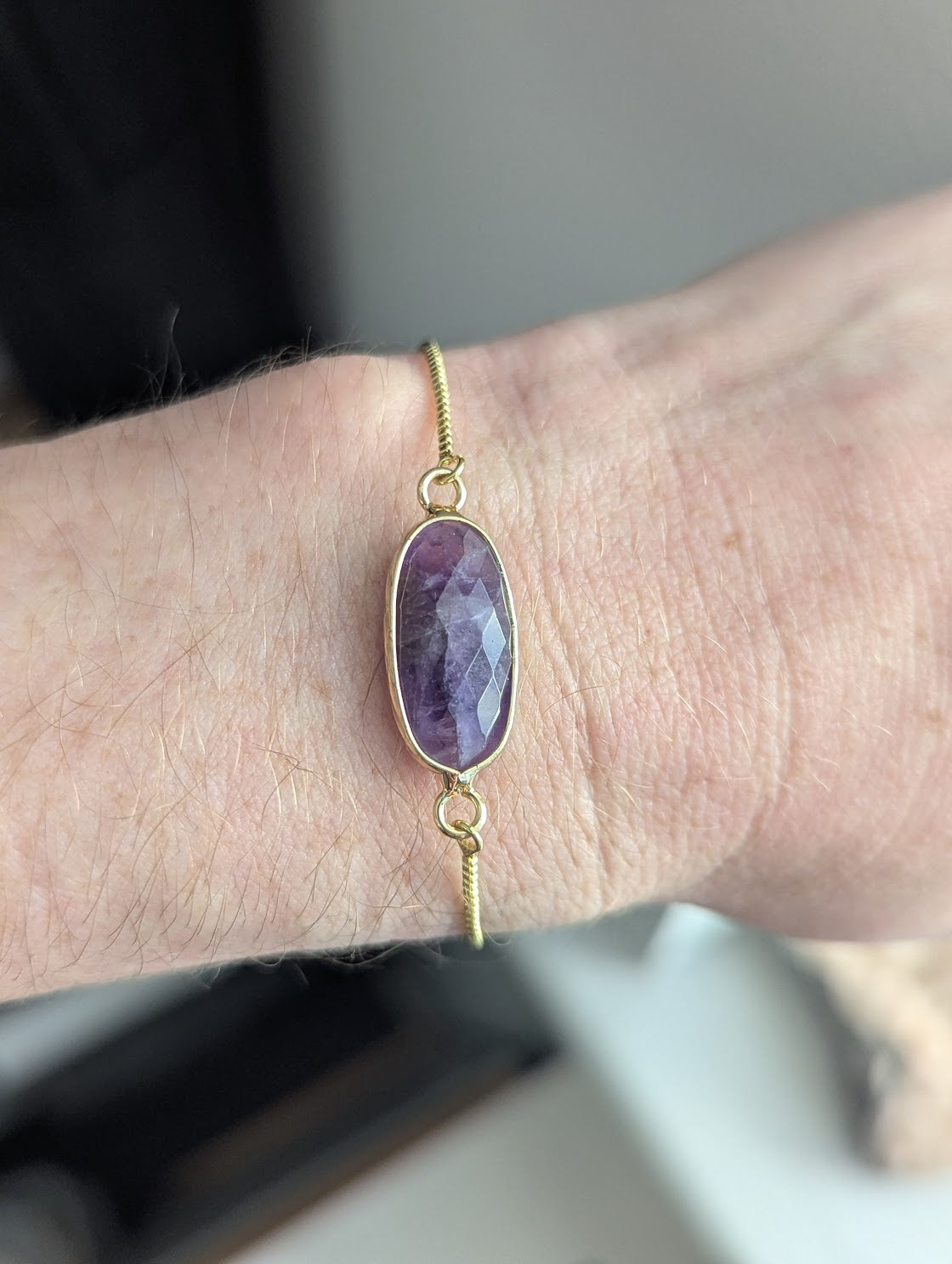 Large Oval Amethyst Gold Slider Bracelet