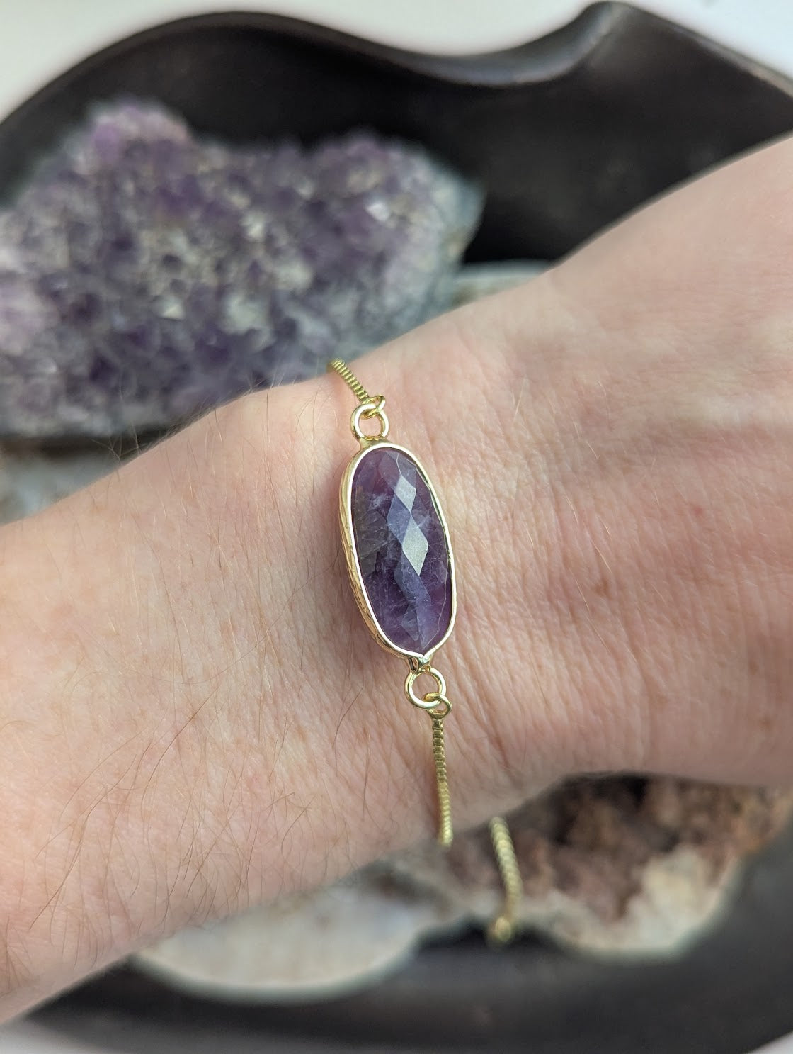 Large Oval Amethyst Gold Slider Bracelet