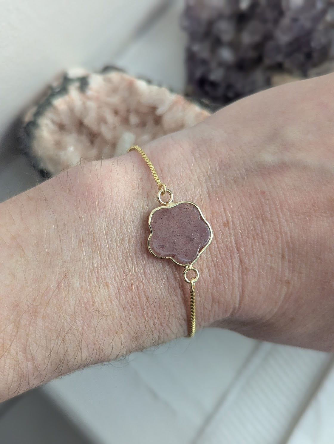 Strawberry Quartz Flower Gold Slider Bracelet