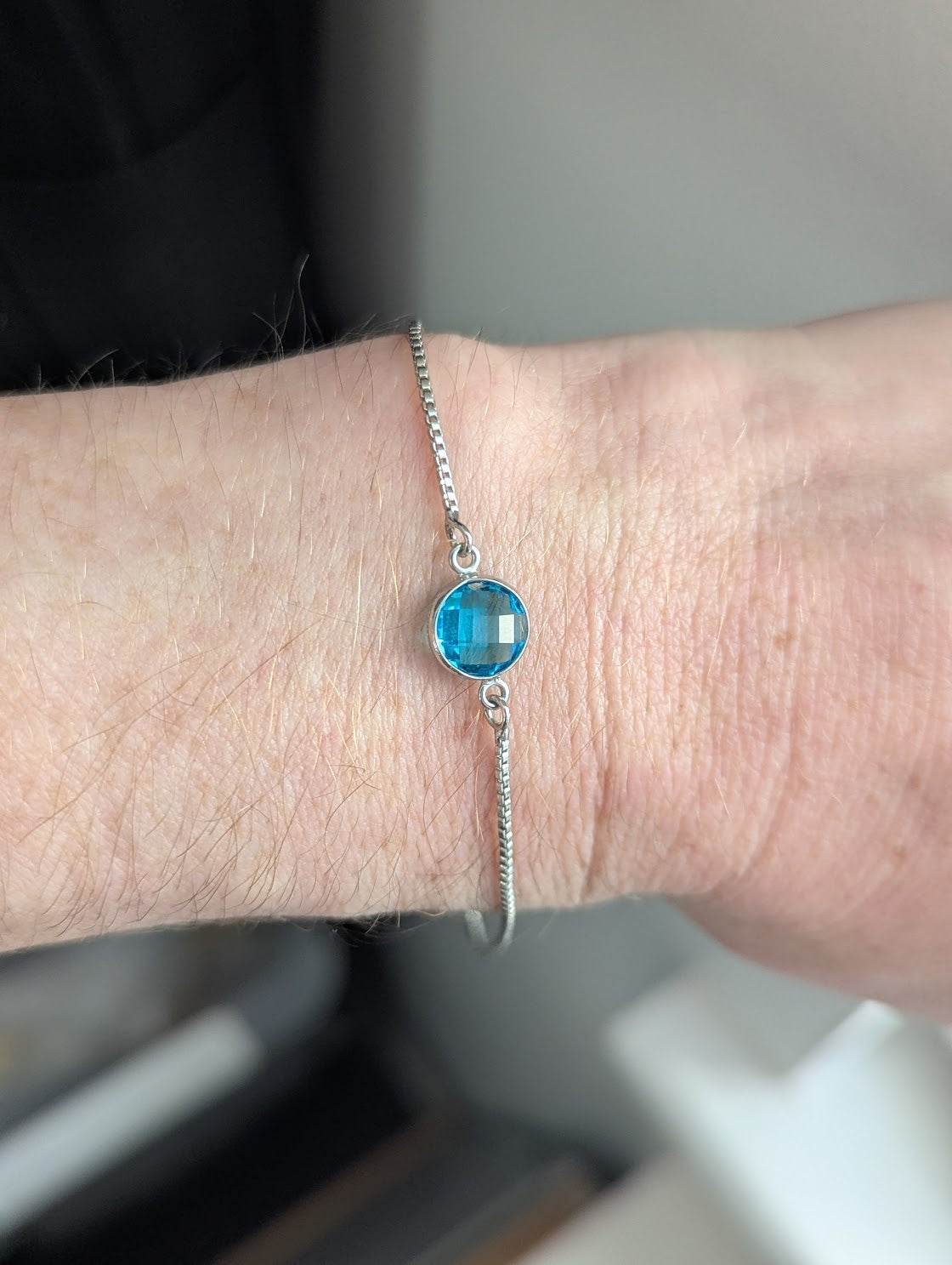 Aqua Faceted Round Silver Slider Bracelet