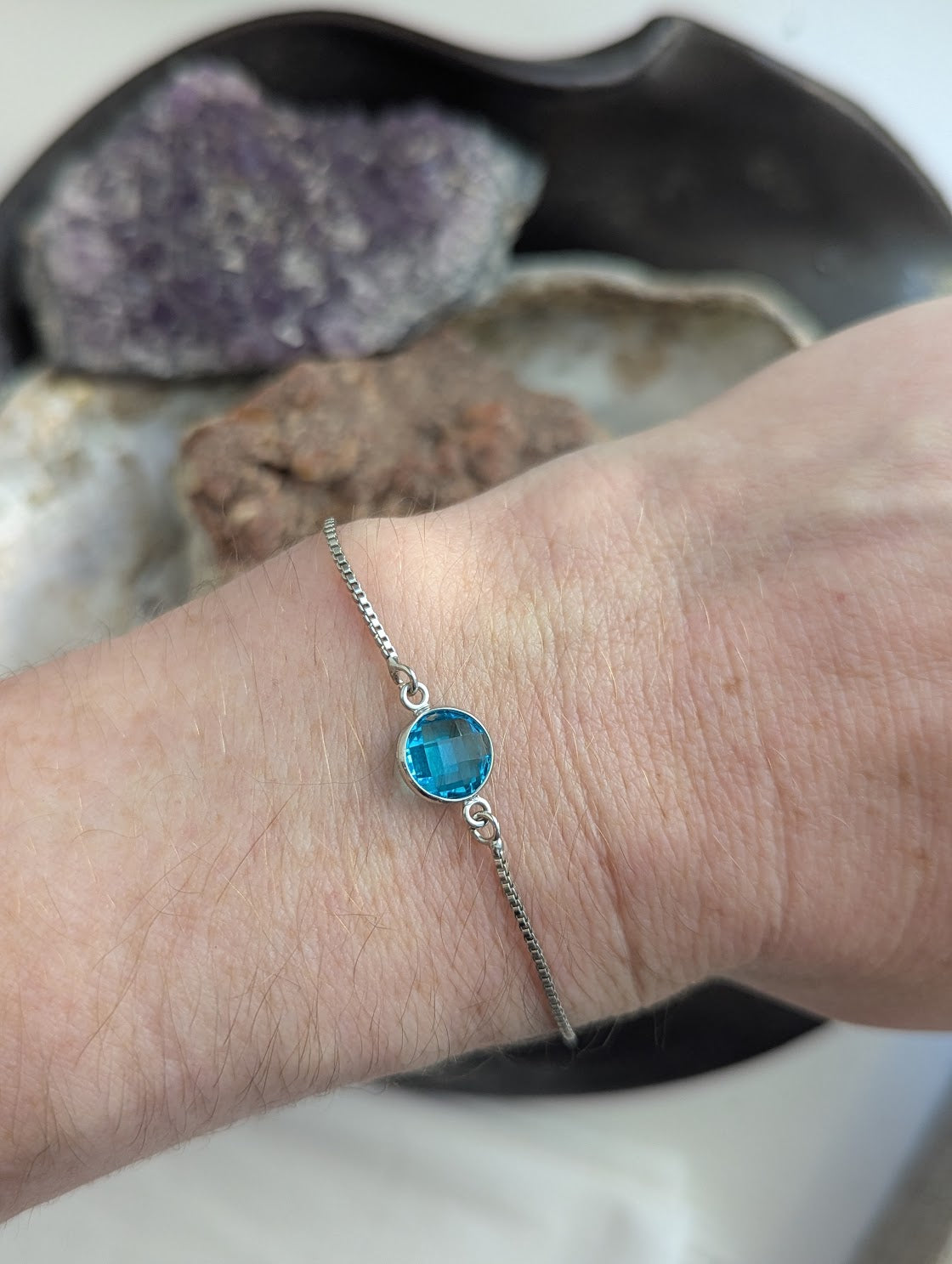Aqua Faceted Round Silver Slider Bracelet