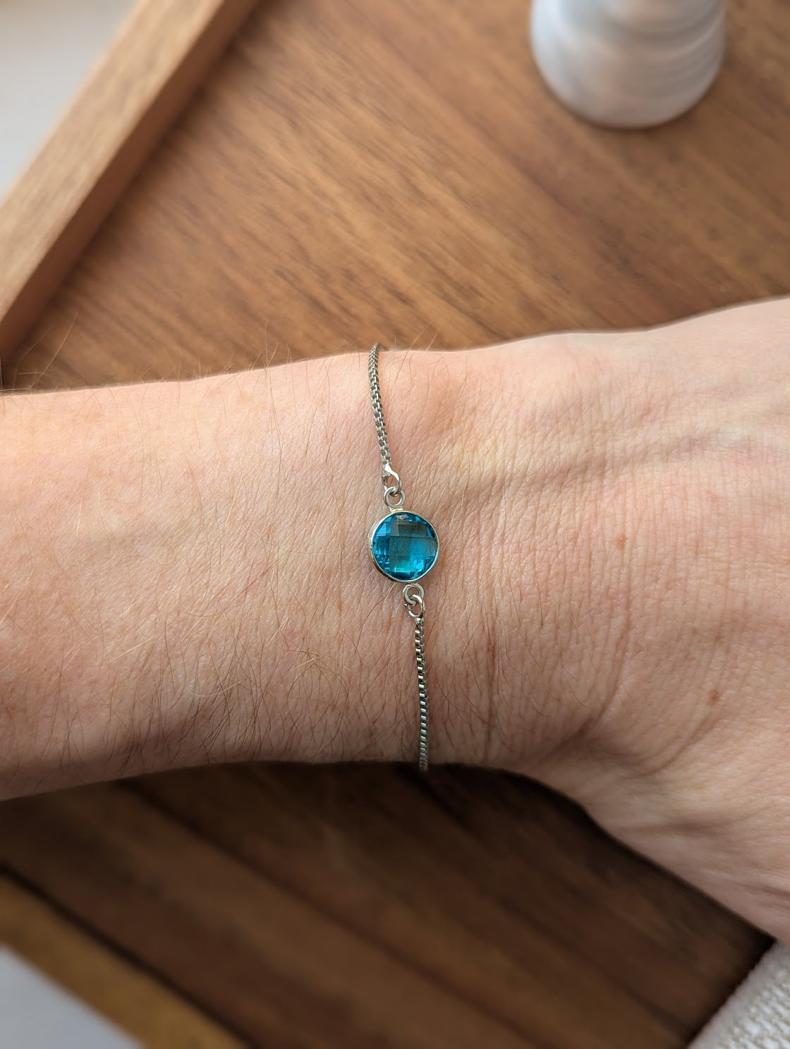 Aqua Faceted Round Silver Slider Bracelet