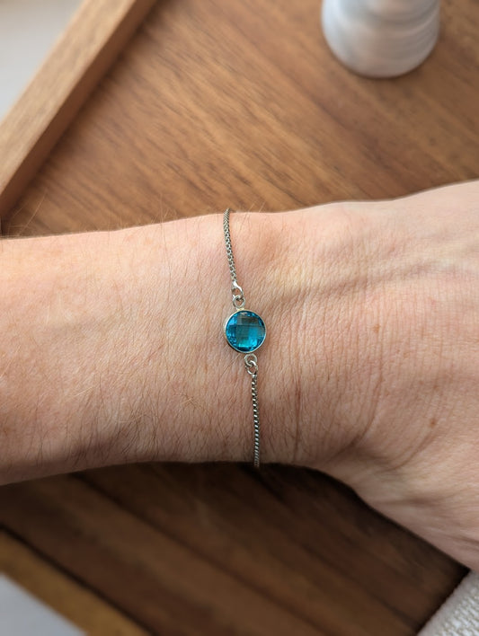 Aqua Faceted Round Silver Slider Bracelet