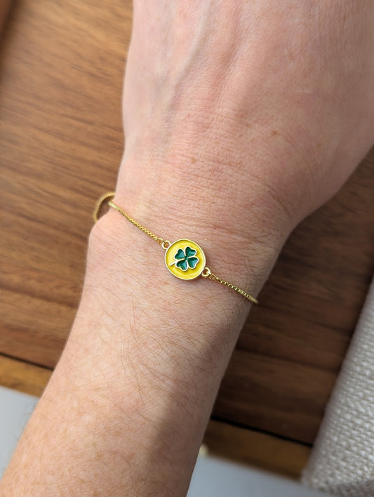 Enamel Four Leaf Clover Gold Slider Bracelet
