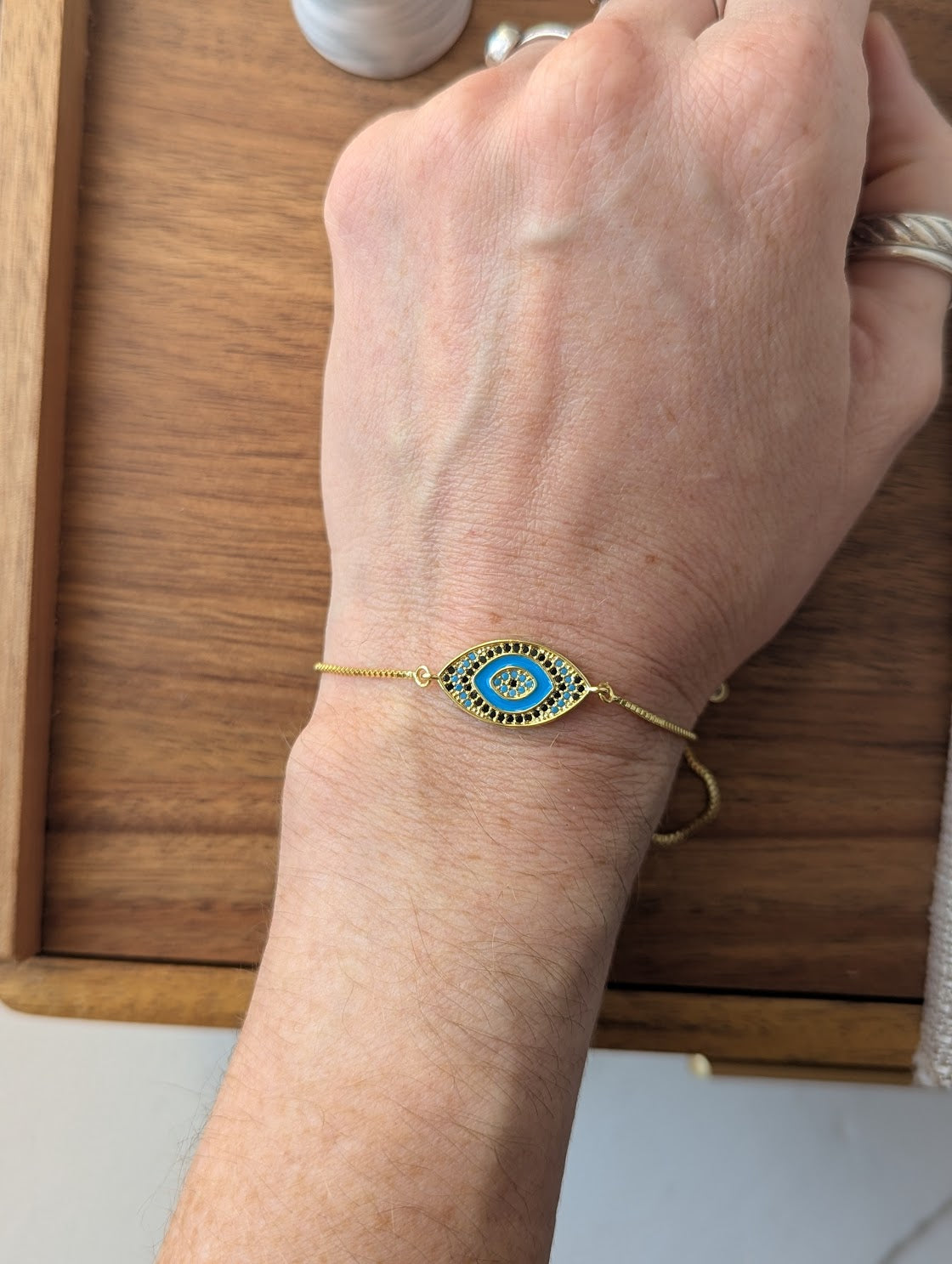 Crystal and Enamel Evil Eye Gold Slider Bracelet