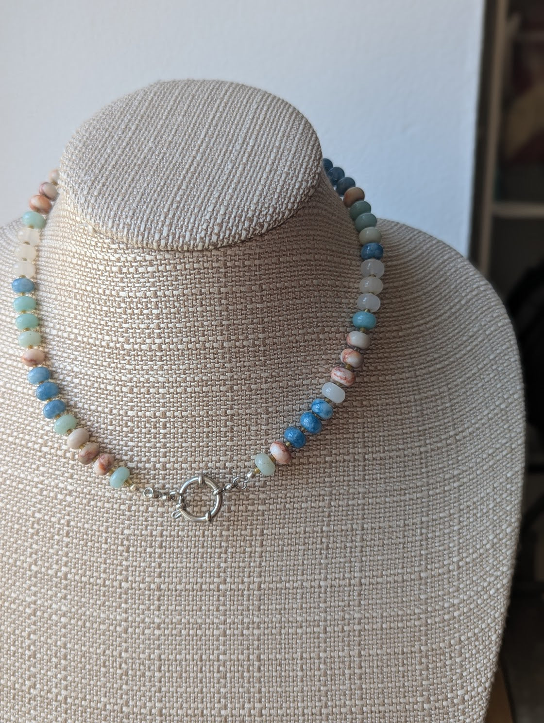 Rose Quartz, Red Vein Jasper, Aquamarine Rondelle Beaded Necklace (Silver or Gold)