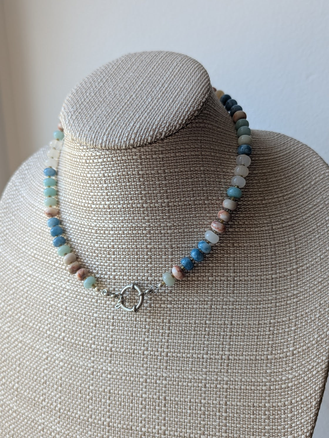 Rose Quartz, Red Vein Jasper, Aquamarine Rondelle Beaded Necklace (Silver or Gold)