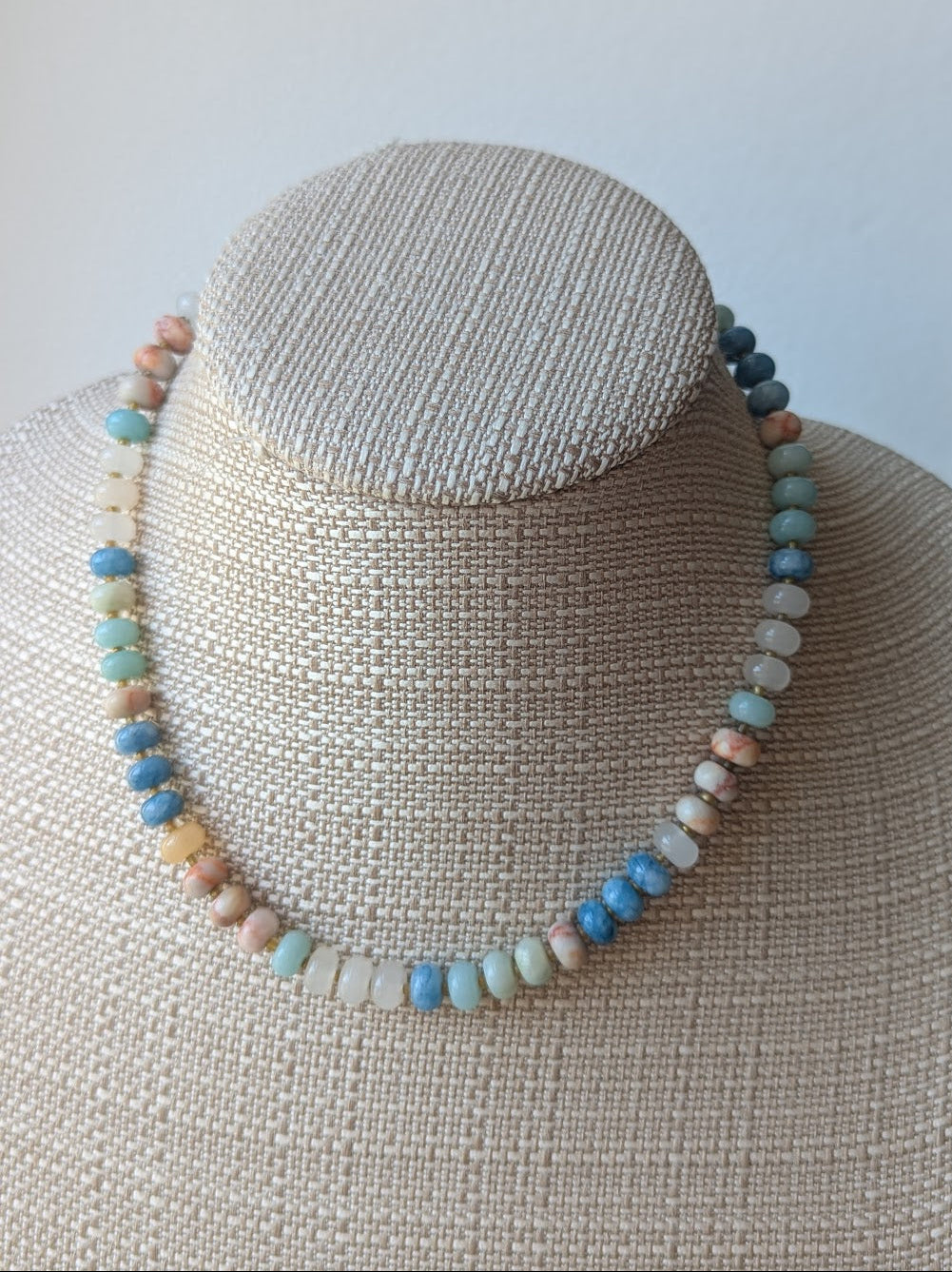 Rose Quartz, Red Vein Jasper, Aquamarine Rondelle Beaded Necklace (Silver or Gold)
