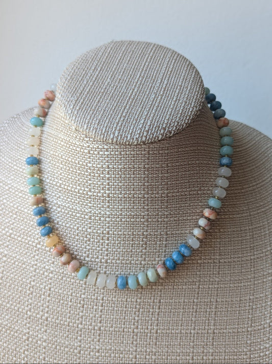 Rose Quartz, Red Vein Jasper, Aquamarine Rondelle Beaded Necklace (Silver or Gold)