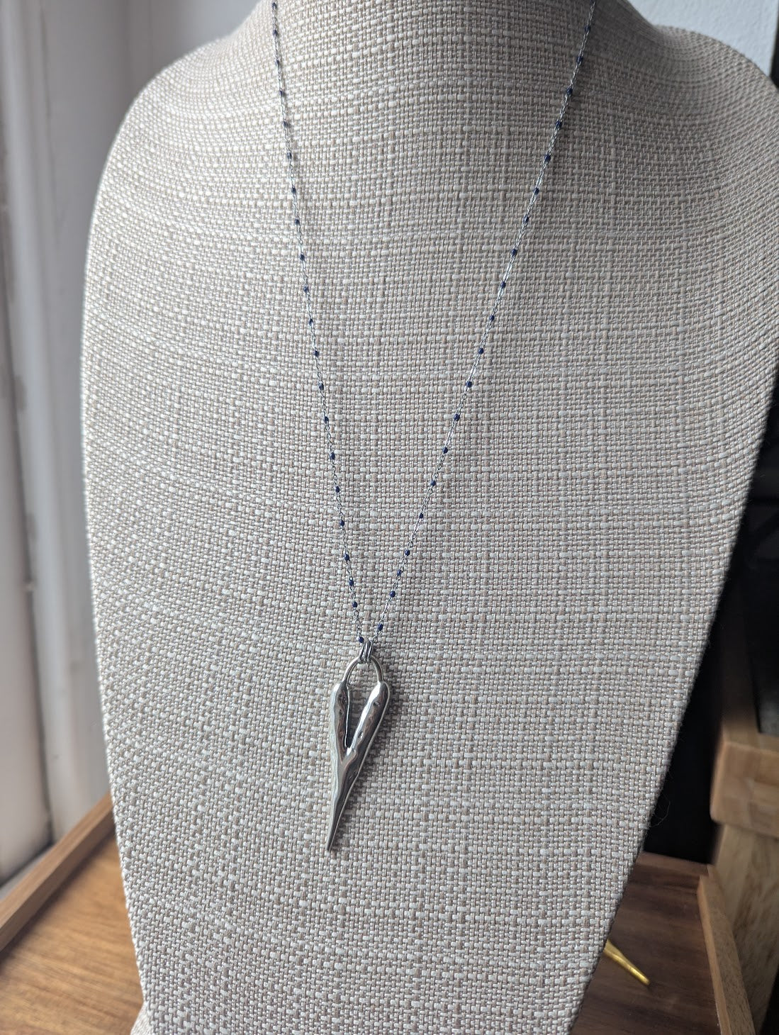 Long Heart Pendant on Stainless Blue Enamel Chain (Silver or Gold)