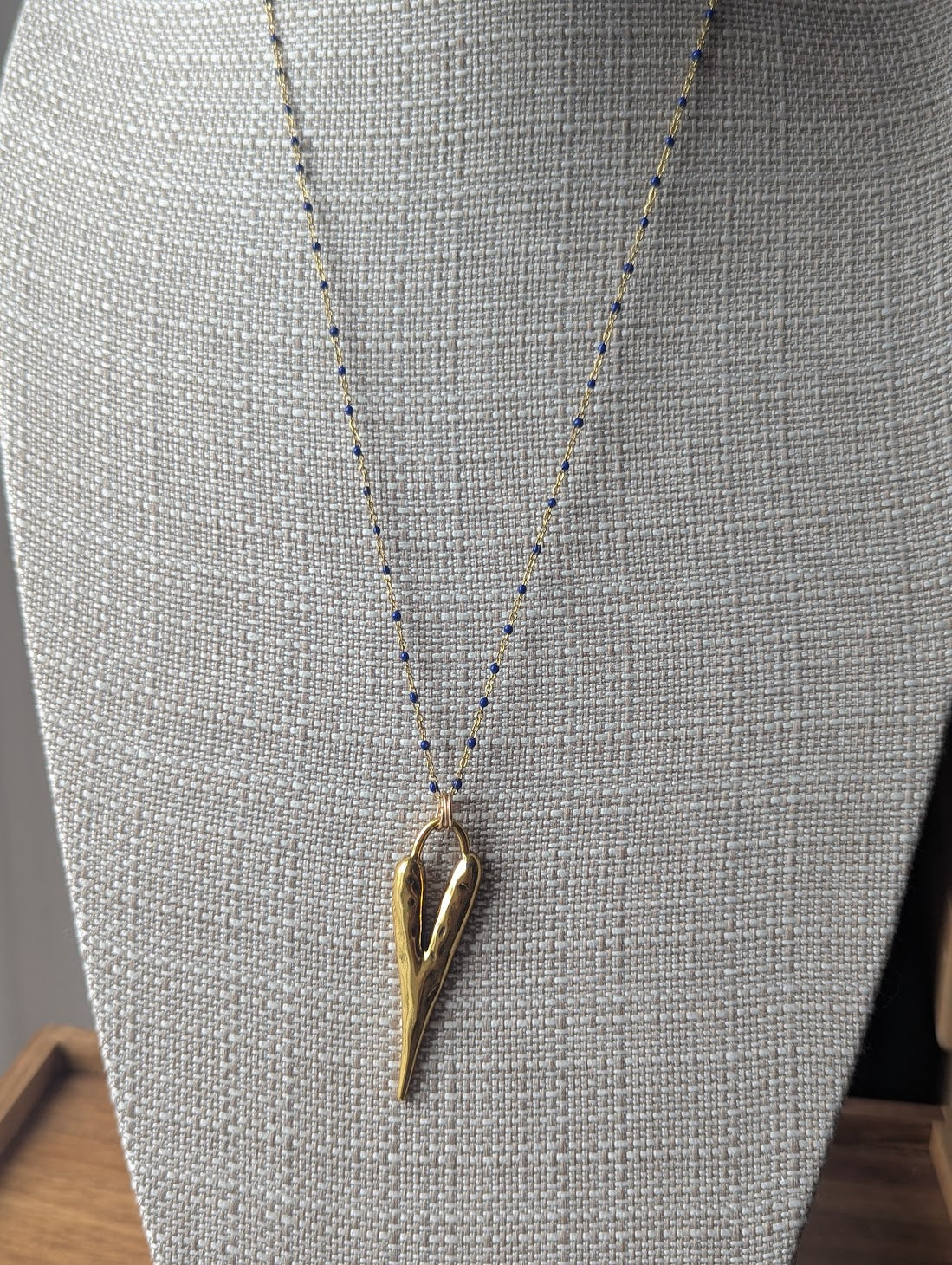 Long Heart Pendant on Stainless Blue Enamel Chain (Silver or Gold)