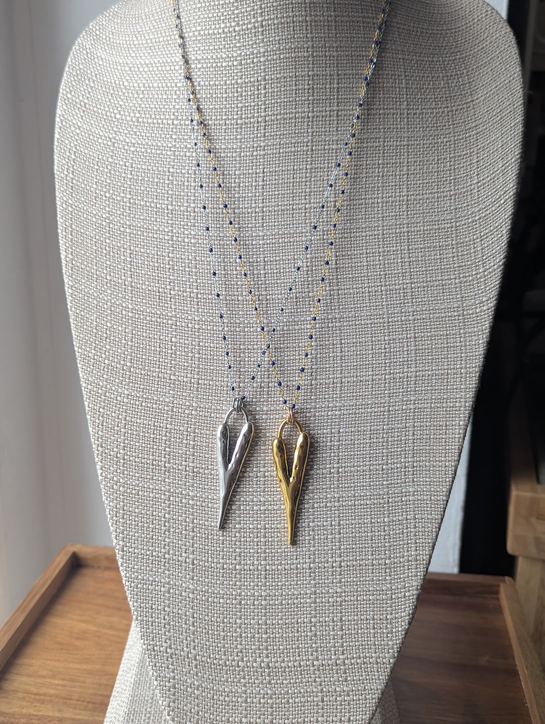 Long Heart Pendant on Stainless Blue Enamel Chain (Silver or Gold)