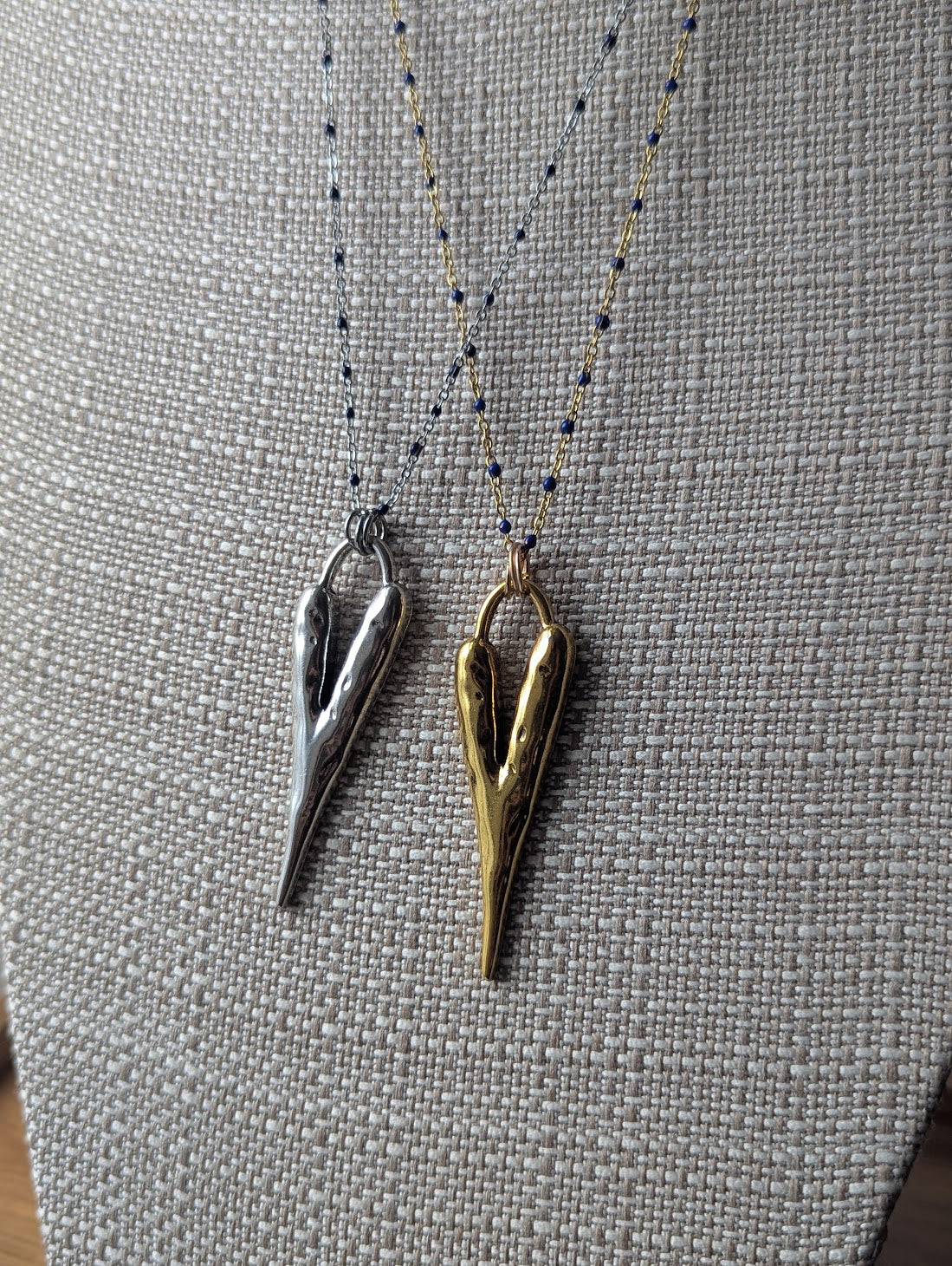 Long Heart Pendant on Stainless Blue Enamel Chain (Silver or Gold)