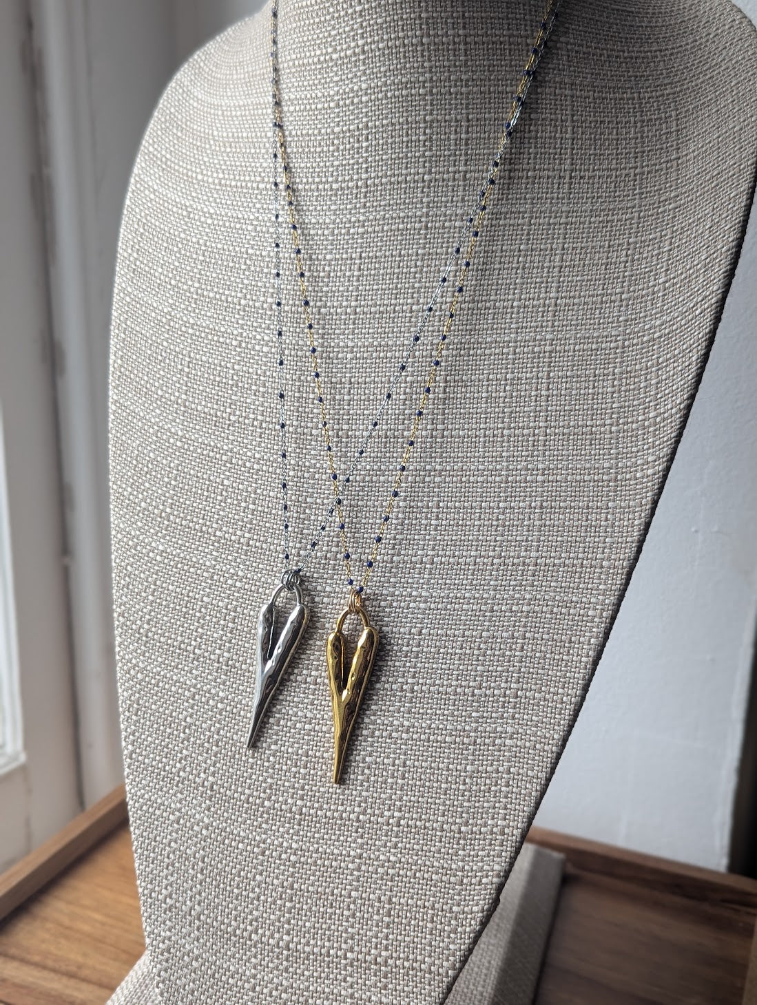 Long Heart Pendant on Stainless Blue Enamel Chain (Silver or Gold)