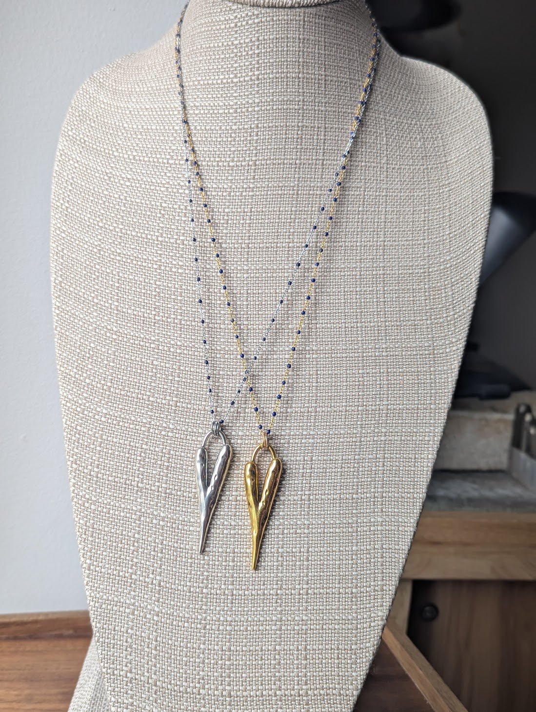 Long Heart Pendant on Stainless Blue Enamel Chain (Silver or Gold)
