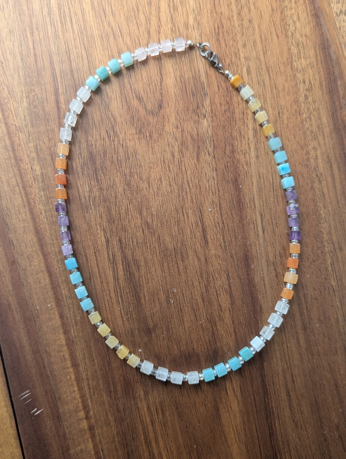 Quartz, Amethyst, Amazonite, Carnelian Square Beaded Necklace