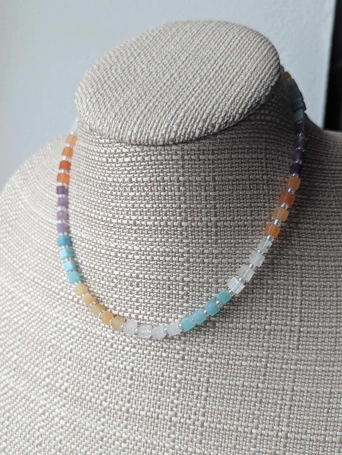 Quartz, Amethyst, Amazonite, Carnelian Square Beaded Necklace