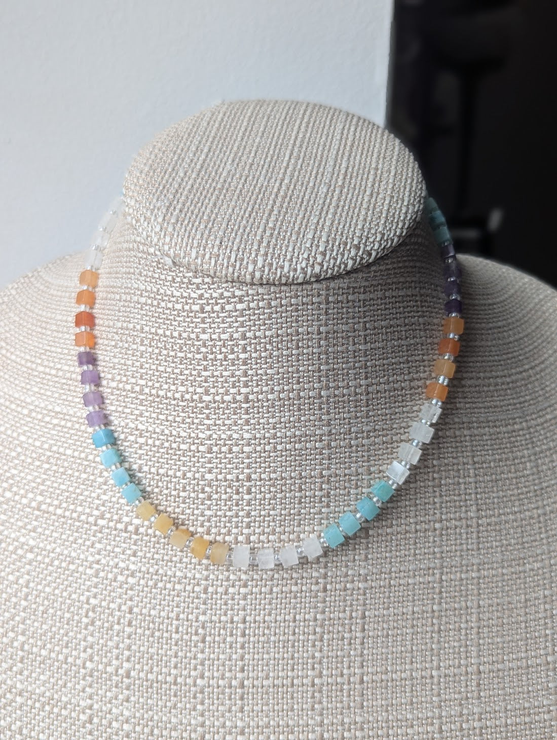 Quartz, Amethyst, Amazonite, Carnelian Square Beaded Necklace