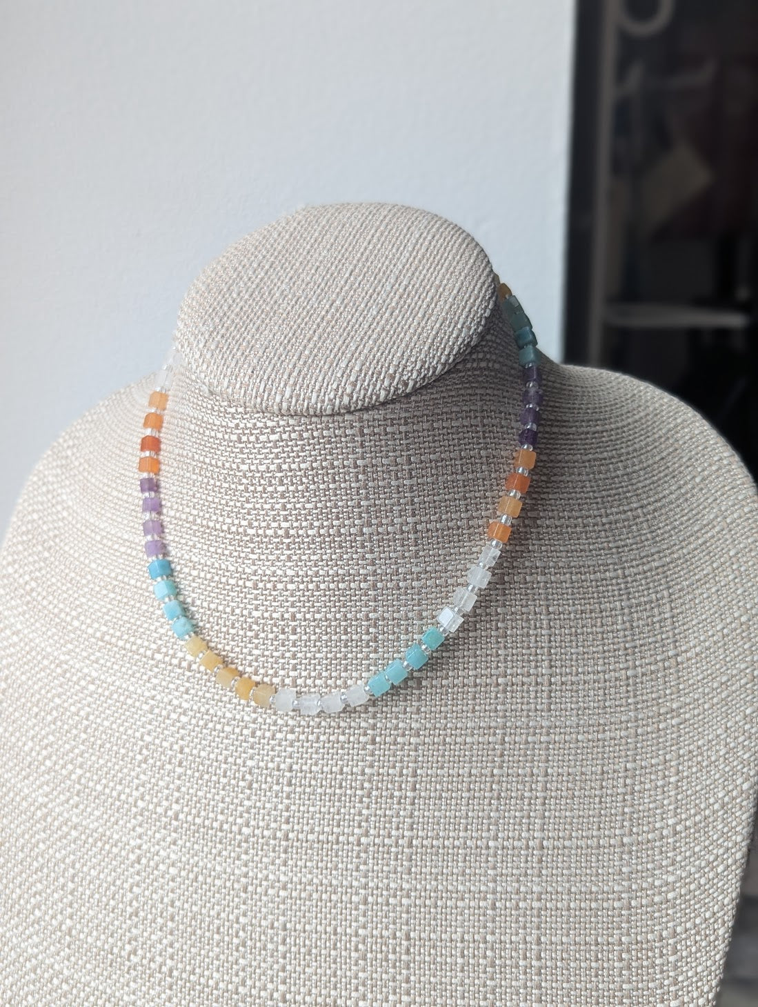 Quartz, Amethyst, Amazonite, Carnelian Square Beaded Necklace